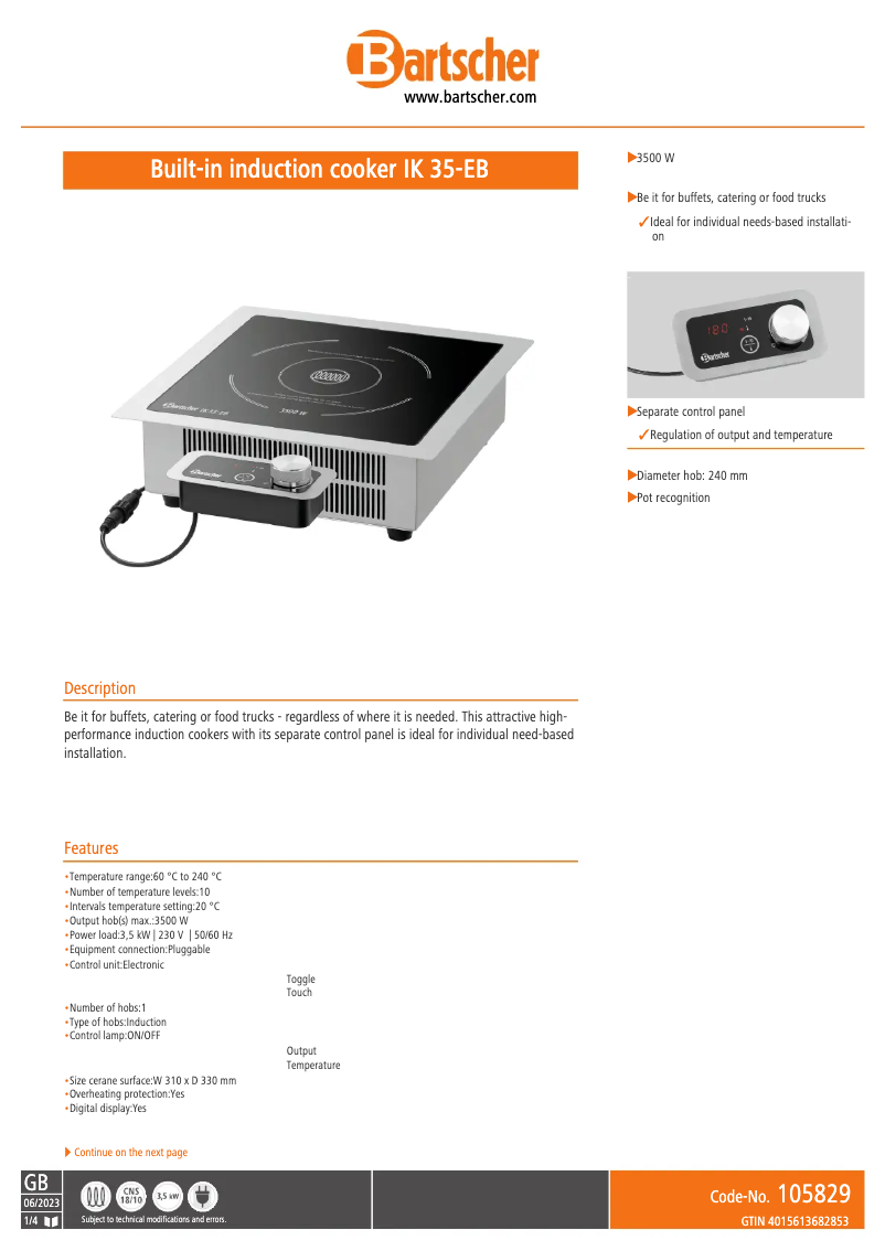 Page 1 de la notice Fiche technique Bartscher IK 35