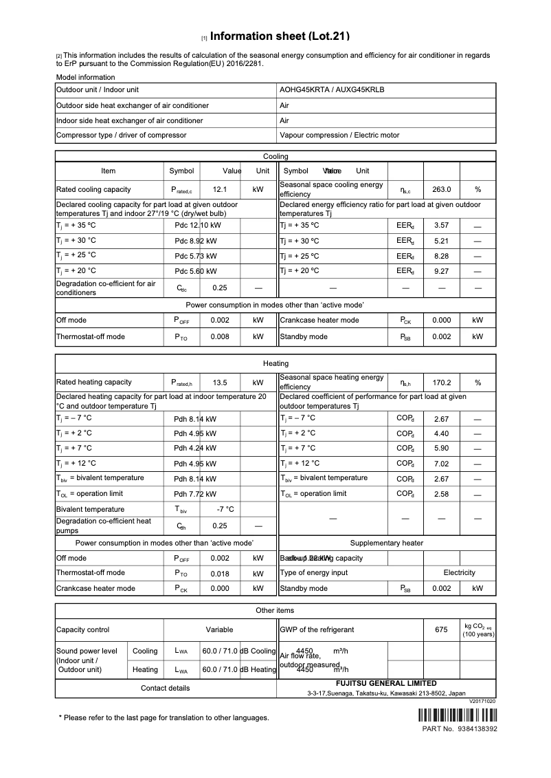 Page 1 de la notice Fiche technique Fujitsu AOHG45KRTA