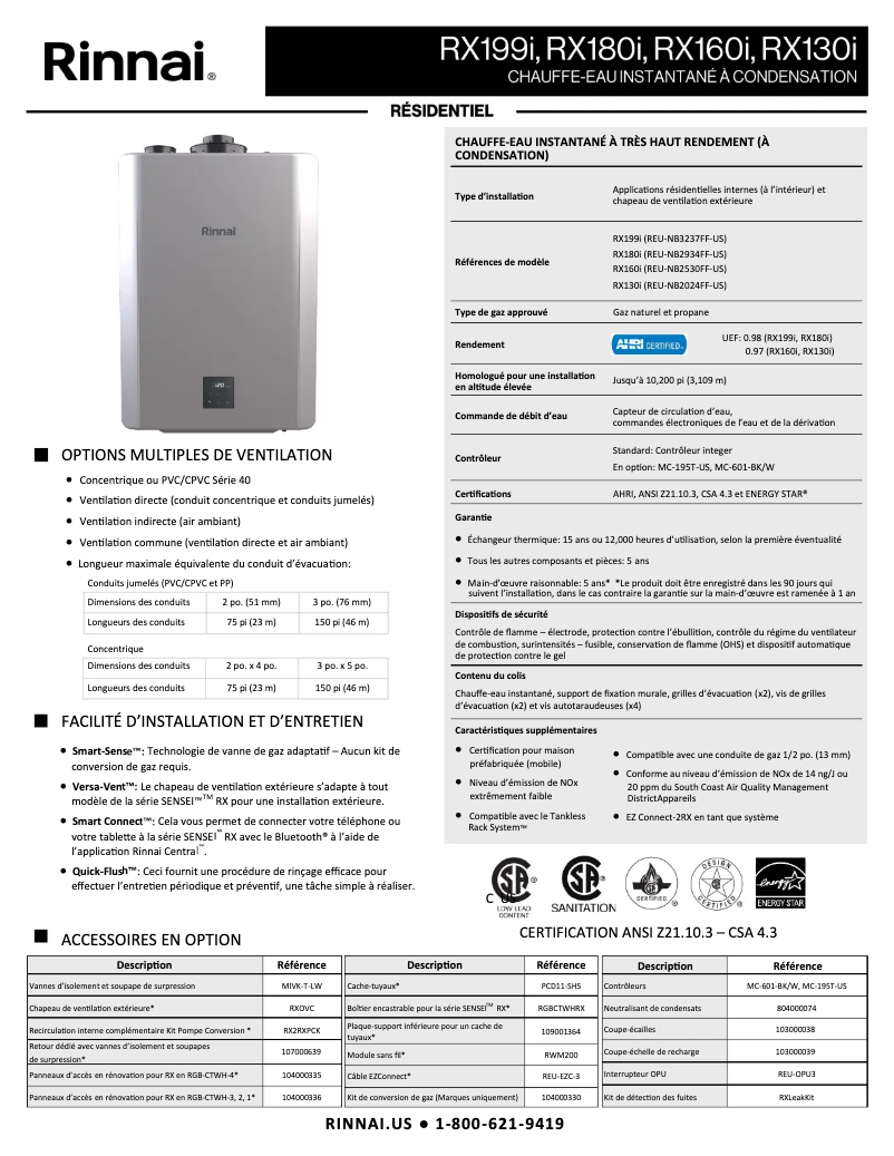Page 1 de la notice Fiche technique Rinnai RX160iN