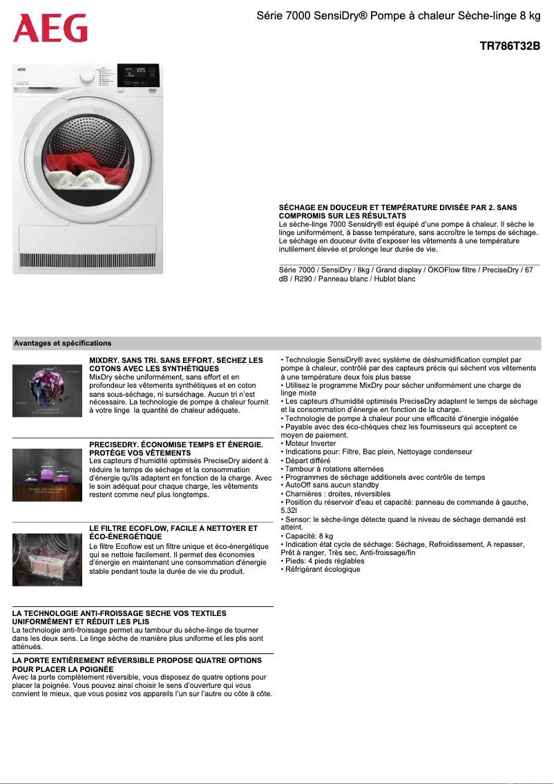Page 1 de la notice Fiche technique AEG TR786T32B