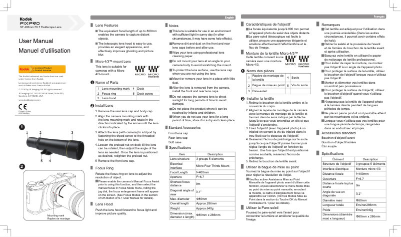 Page 1 de la notice Manuel utilisateur Kodak Pixpro S-1