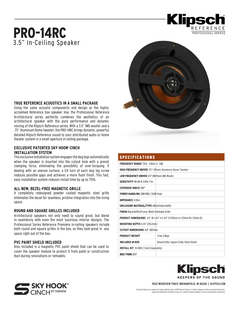 Page 1 de la notice Fiche technique Klipsch PRO-14RC