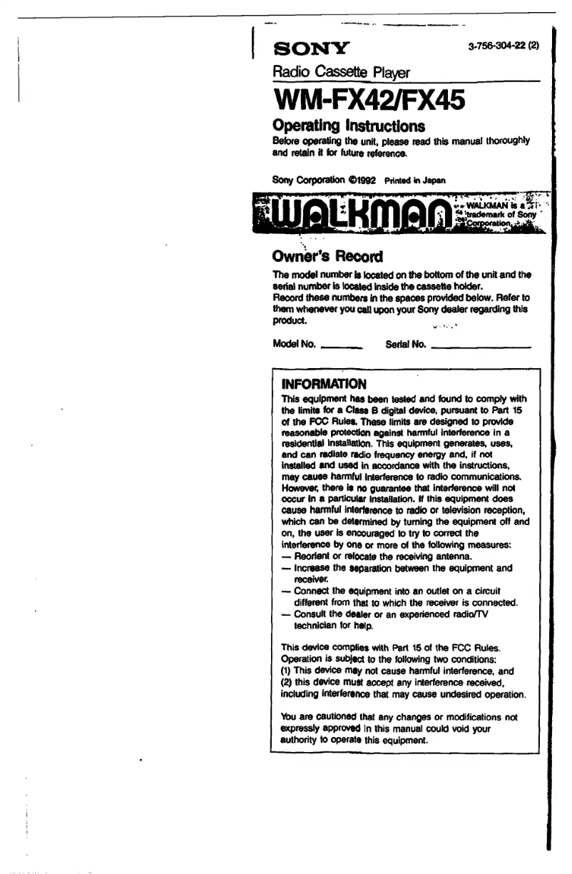 Page n°1 - Manuel utilisateur Sony Walkman WM-FX45