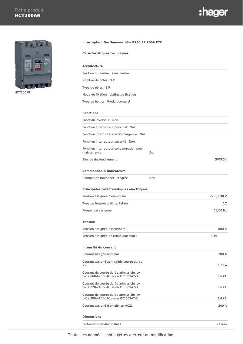 Page 1 of the manual Technical Sheet Hager HCT200AR