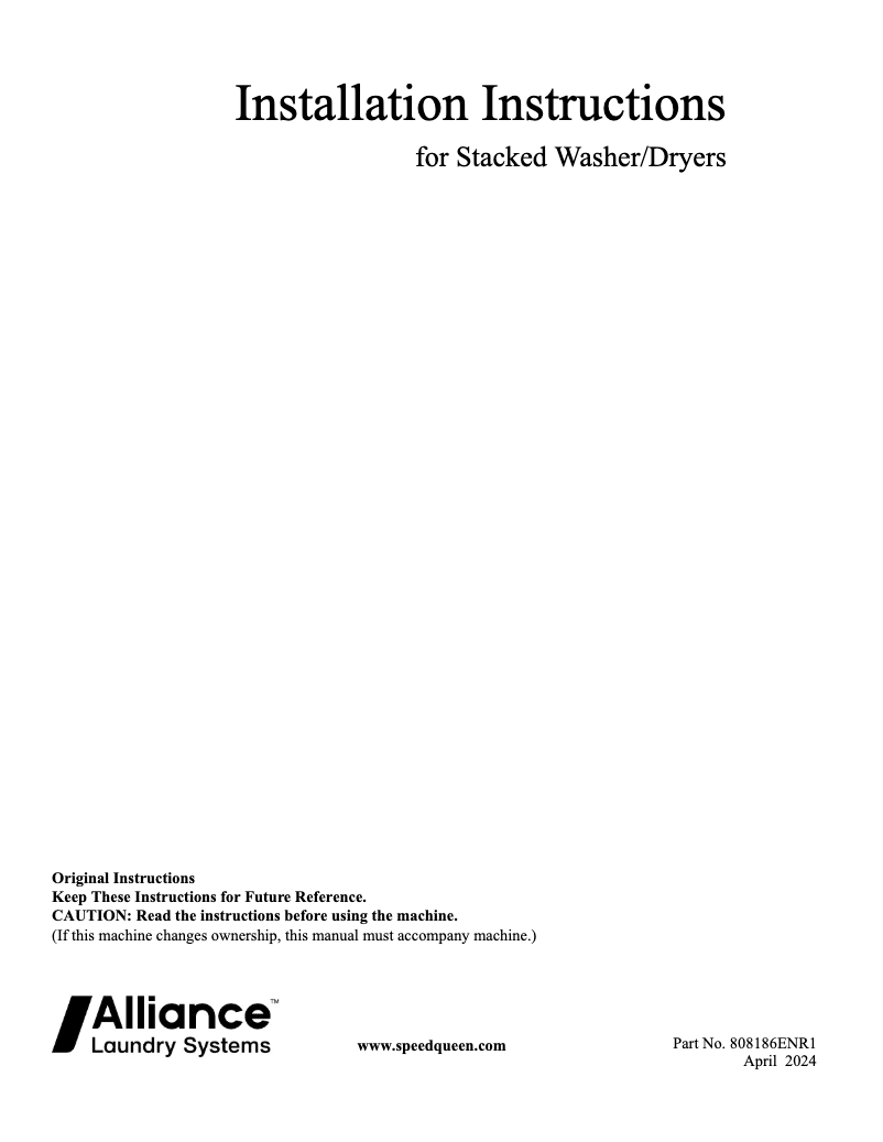 Page 1 de la notice Guide d'installation Speed Queen SF7007BG