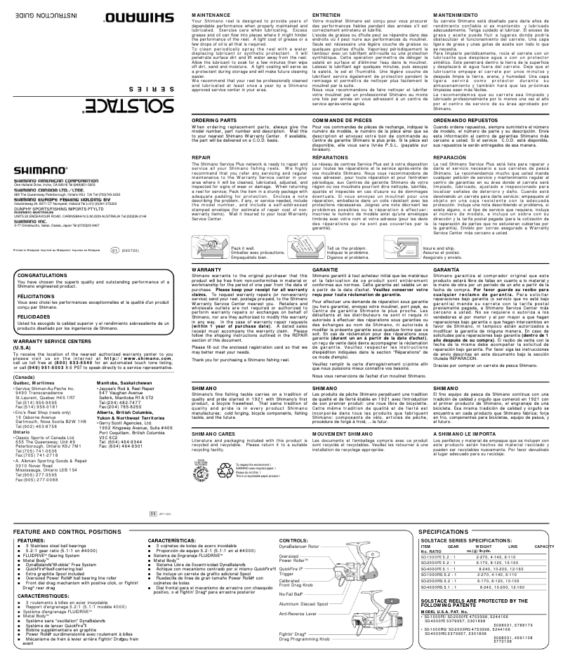 Page n°1 - Manuel utilisateur Shimano Solstace 2000RG