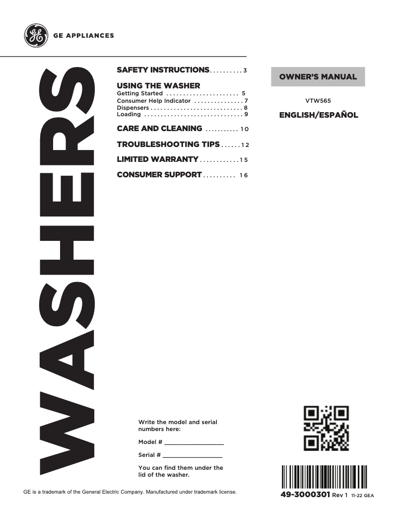 Image de la première page du manuel de l'appareil VTW565ASVWB