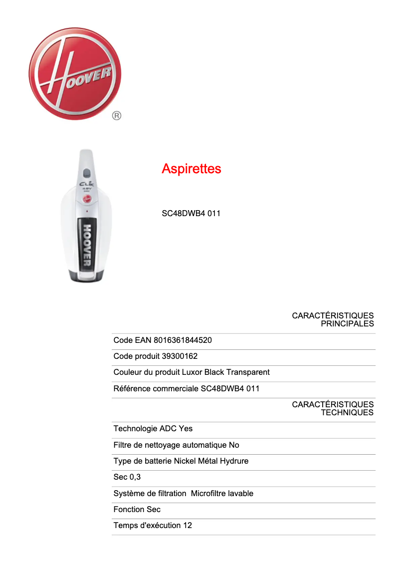 Página 1 del manual Ficha técnica Hoover SC48DWB4 011