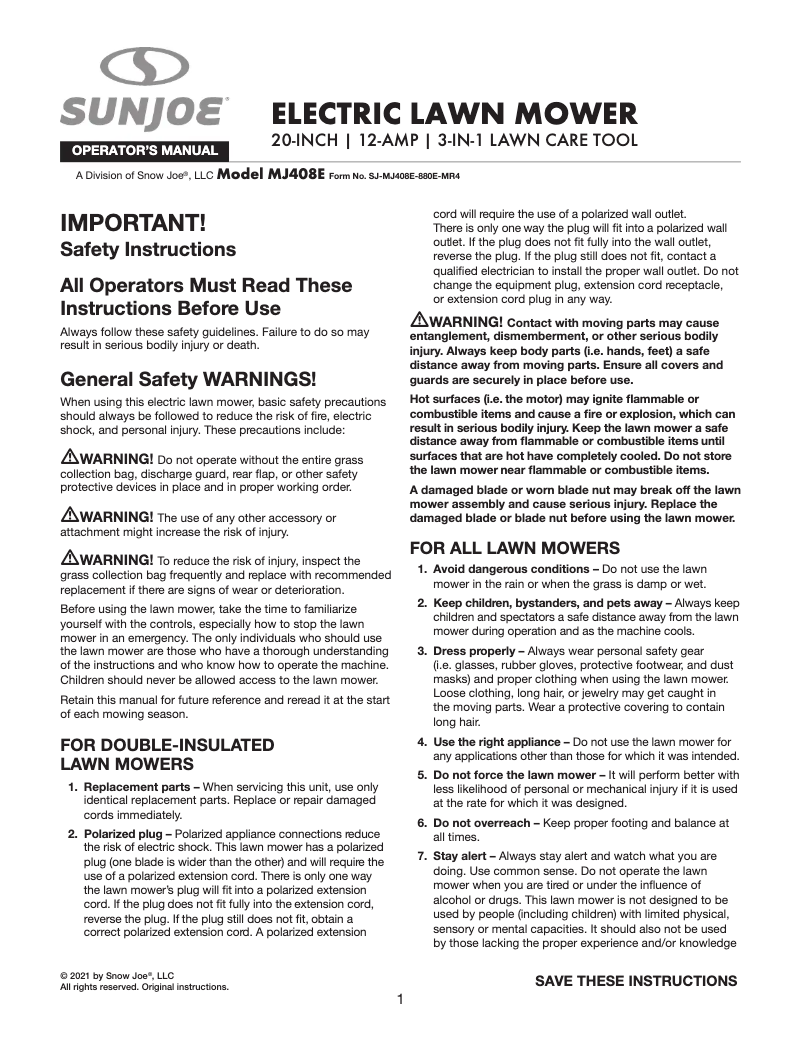 Page 1 de la notice Manuel utilisateur Sun Joe MJ408E