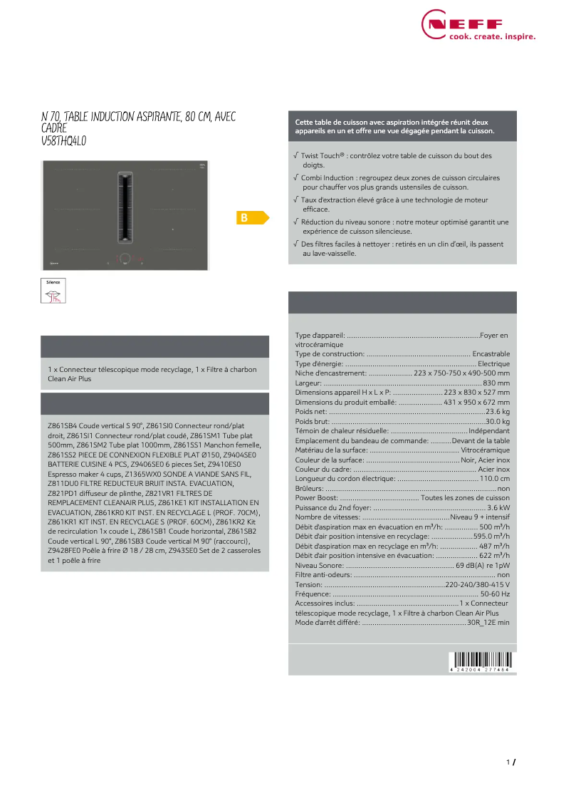 Page 1 de la notice Fiche technique Neff V58THQ4L0