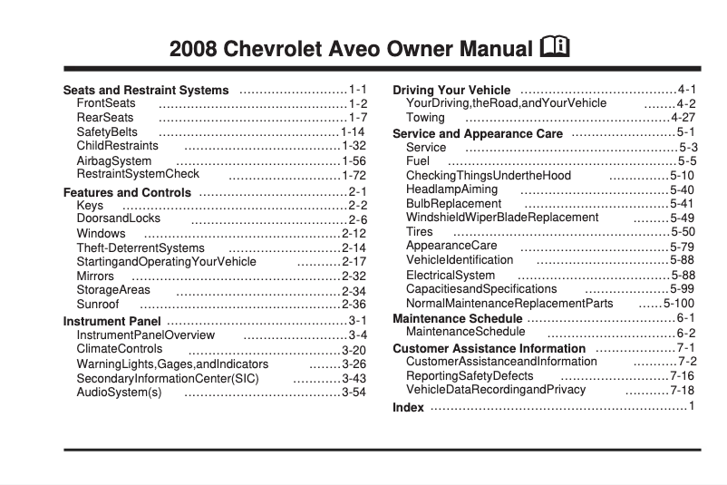 Page 1 de la notice Manuel utilisateur Chevrolet Aveo (2008)