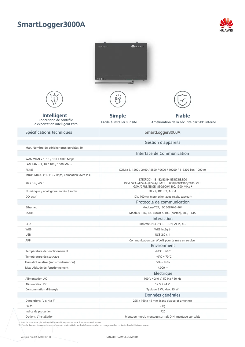 Page 1 de la notice Guide d'installation Huawei SmartLogger3000A