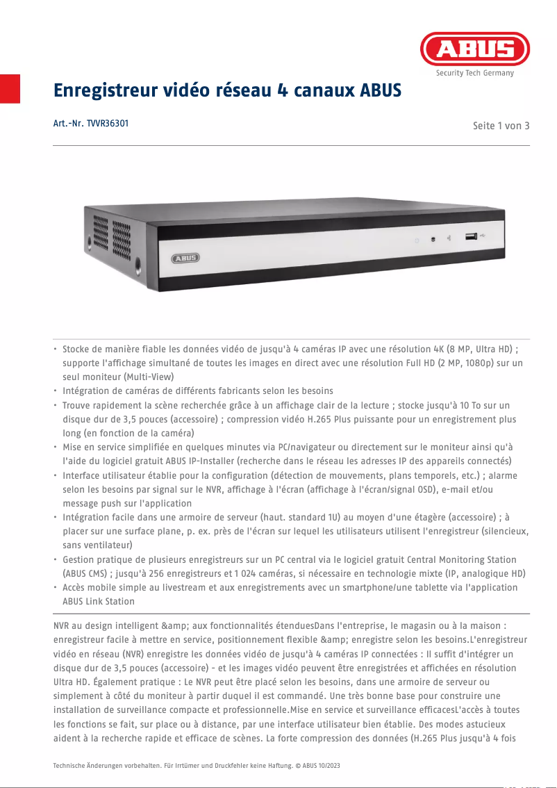 Page n°1 - Fiche technique Abus TVVR36301