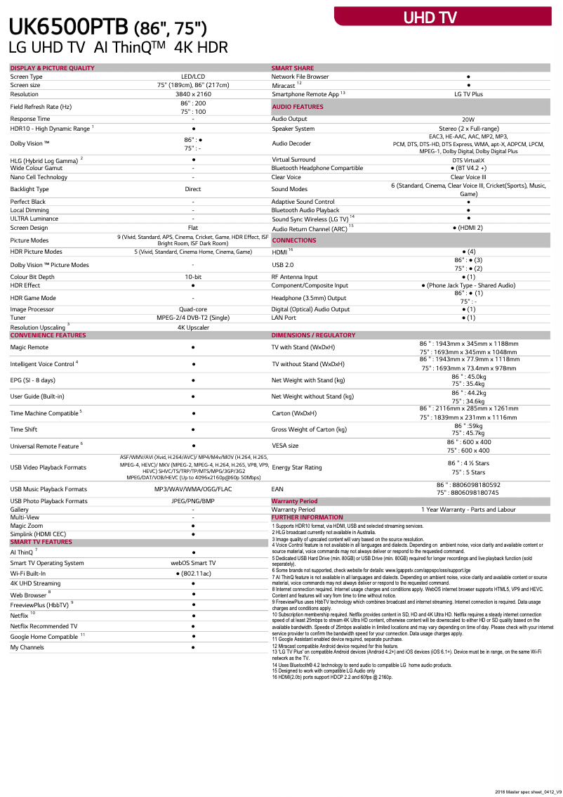Page 1 de la notice Fiche technique LG 75UK6500PTB