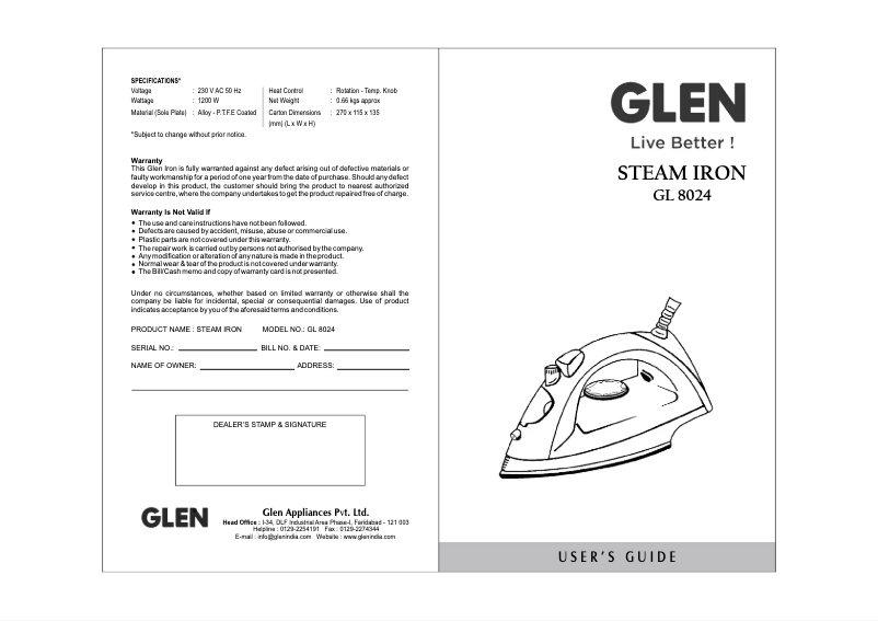 Page 1 de la notice Manuel utilisateur Glen GL 8024