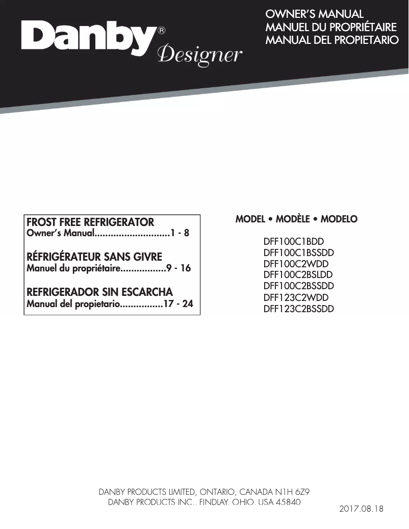 Page n°1 - Manuel utilisateur Danby DFF100C1
