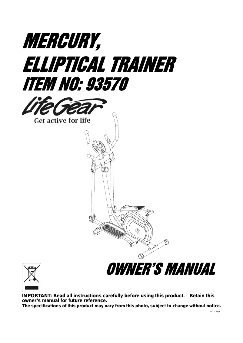 Image de la première page du manuel de l'appareil Mercury Elliptical Trainer 93570