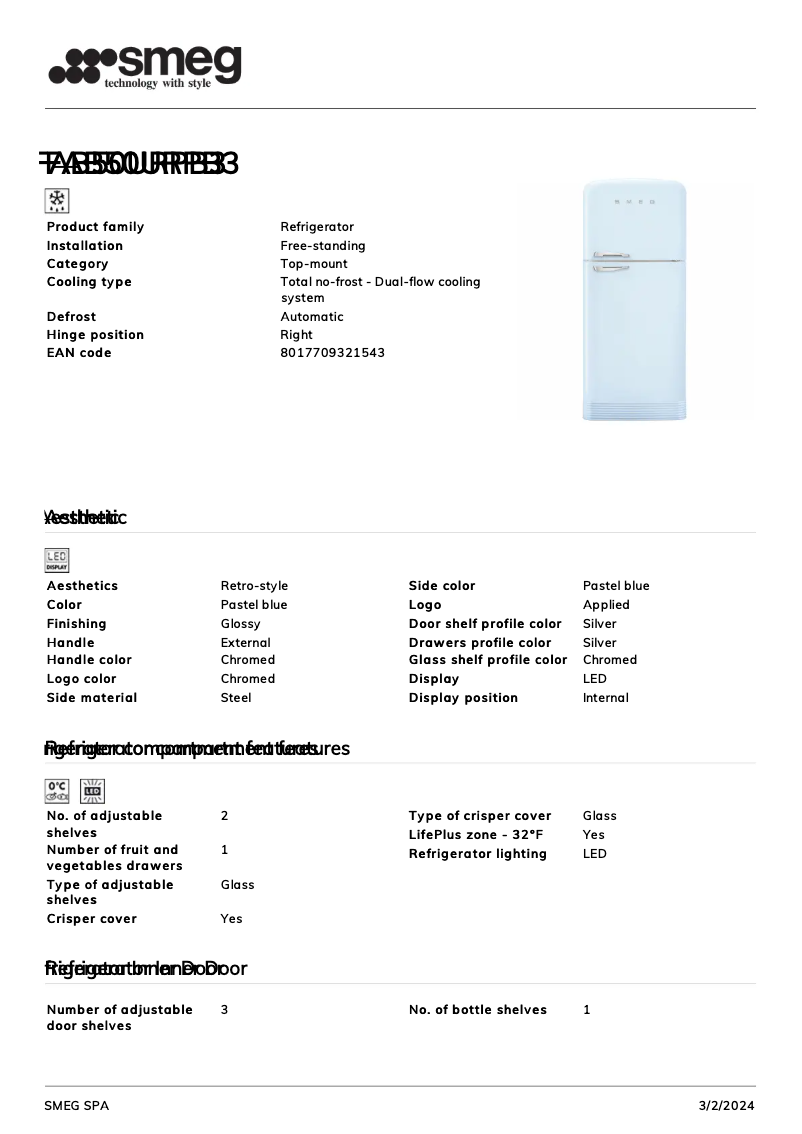 Page 1 de la notice Fiche technique Smeg FAB50URPB3