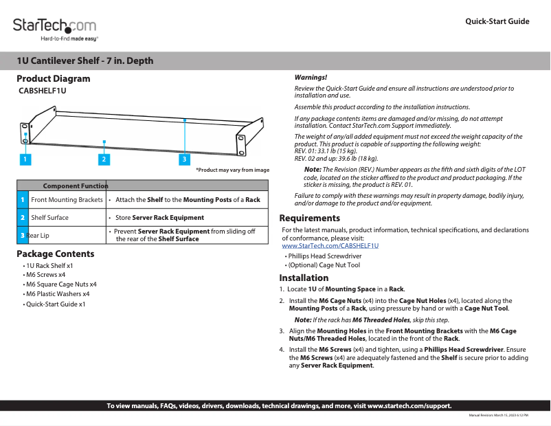 Page n°1 - Manuel utilisateur StarTech.com CABSHELF1U