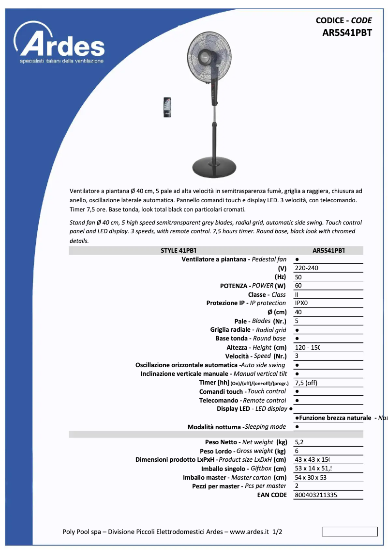 Page 1 de la notice Fiche technique Ardes AR5S41PBT