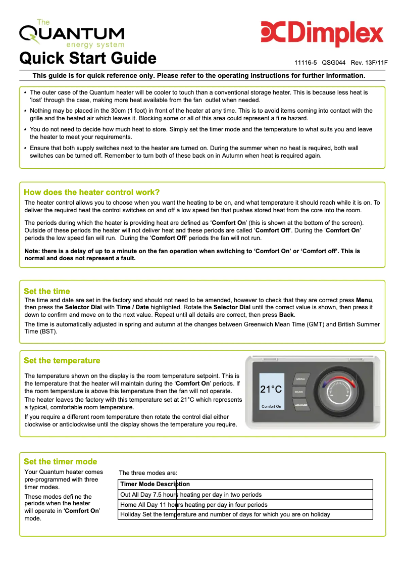 Page 1 de la notice Guide de démarrage rapide Dimplex QM125