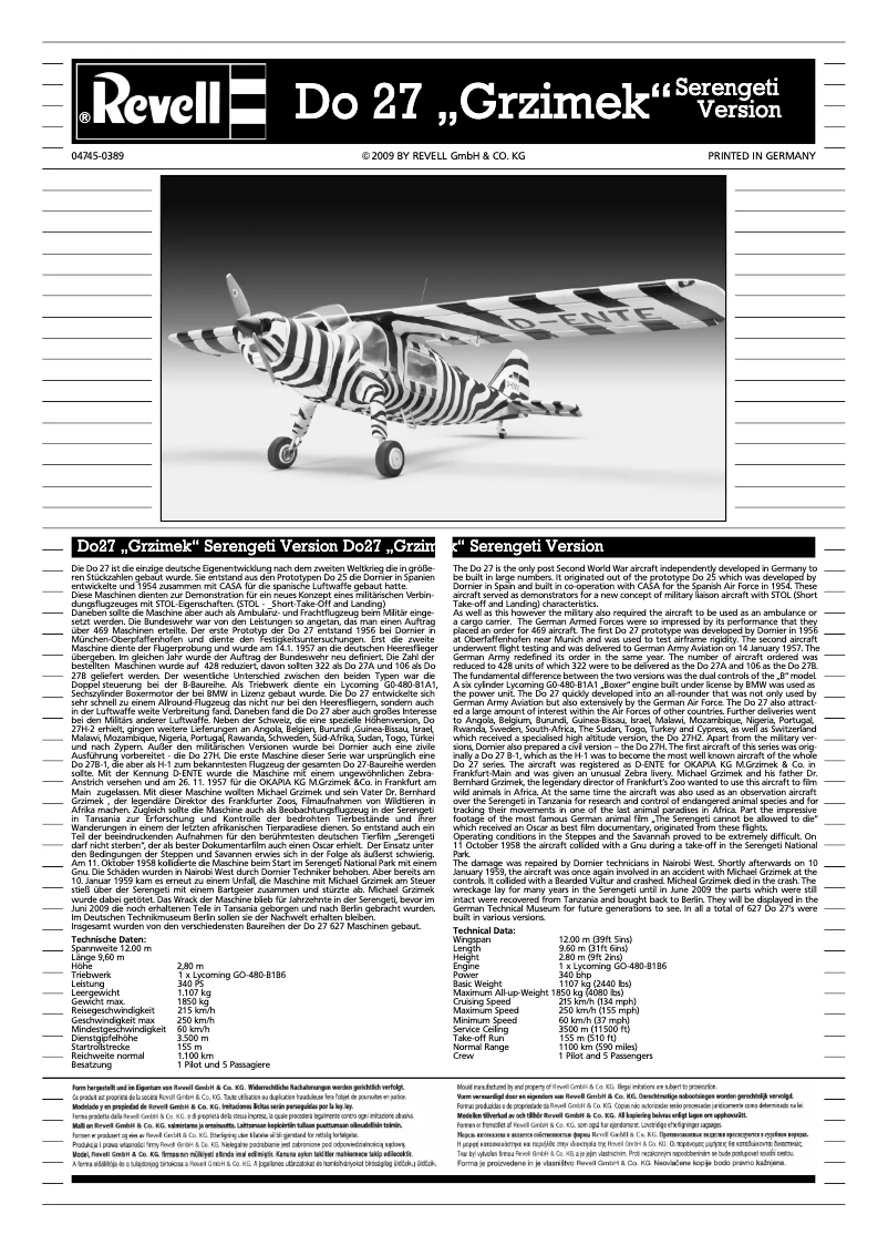 Image de la première page du manuel de l'appareil Do 27 "Grzimek" Serengeti Version