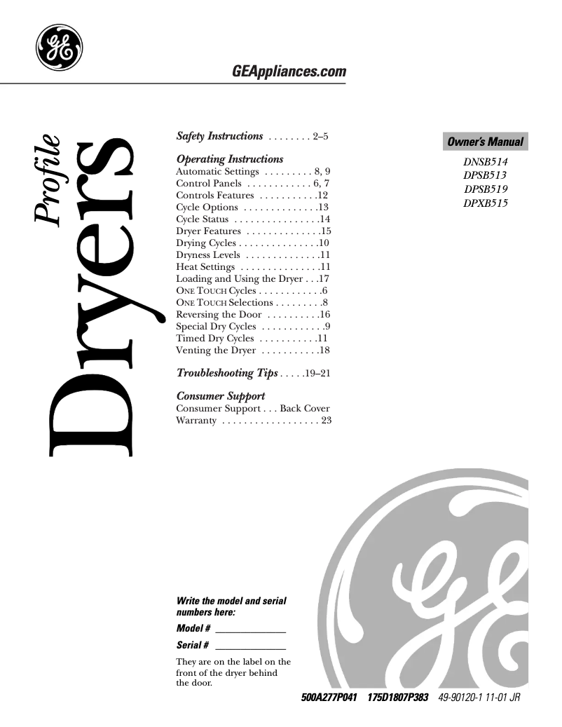 Page n°1 - Manuel d'utilisation et d'entretien GE DNSB514EBWW