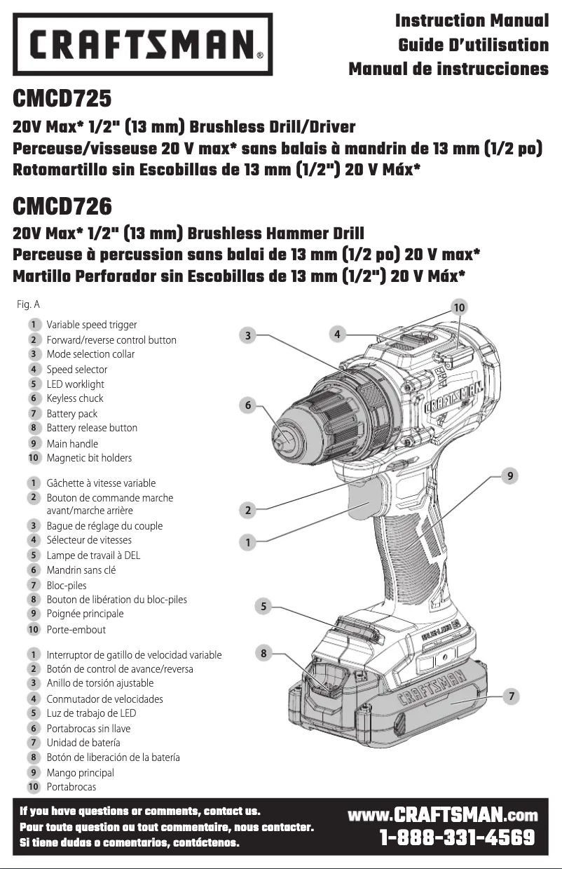 Page 1 de la notice Manuel utilisateur Craftsman CMCD725