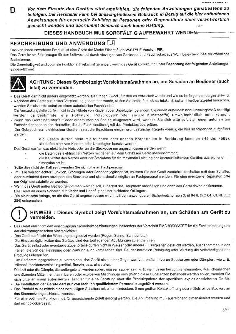Page 1 de la notice Manuel utilisateur Wallair W-Style 100