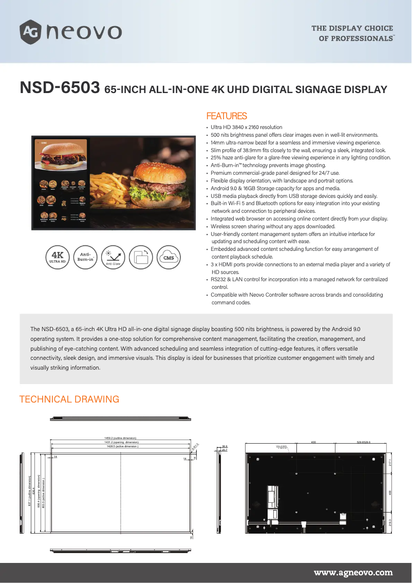 Page 1 de la notice Fiche technique AG Neovo NSD-6503