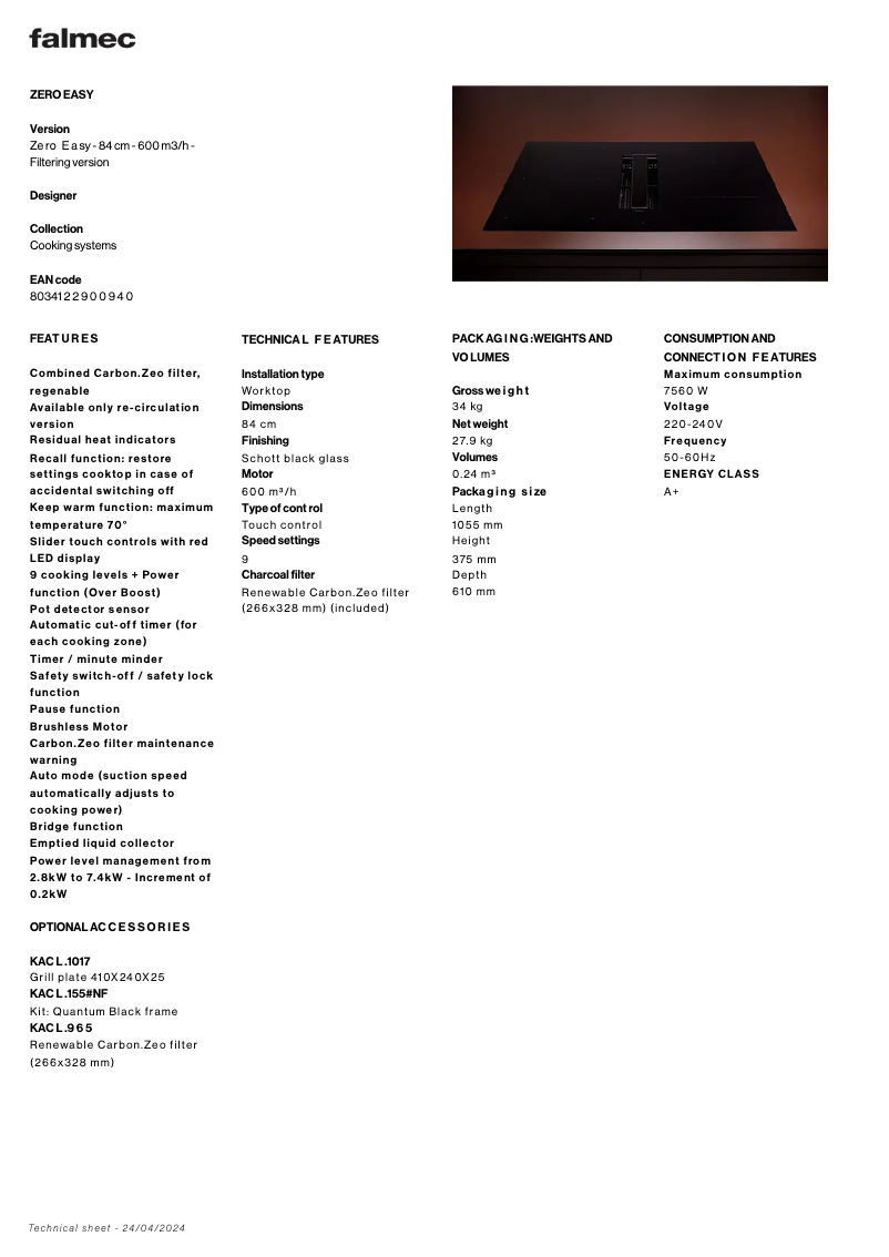 Page 1 de la notice Fiche technique Falmec Zero Easy
