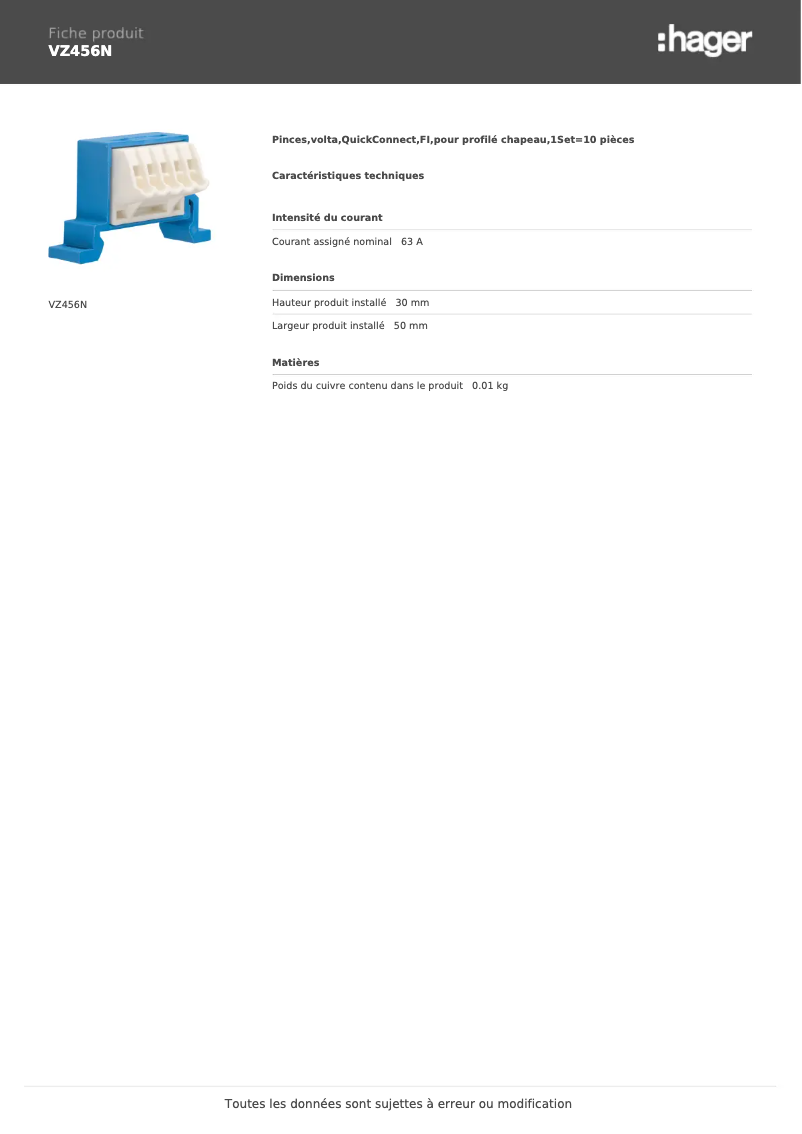 Page n°1 - Manuel utilisateur Hager VZ456N