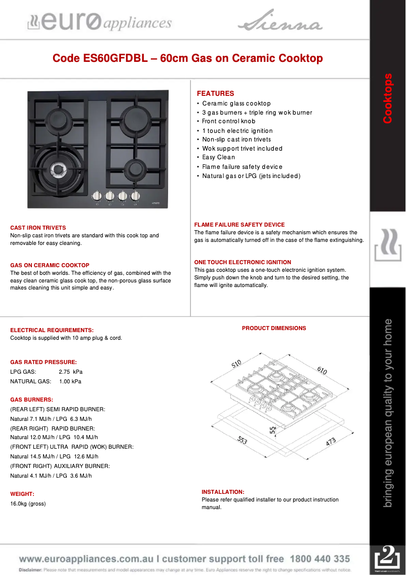Page n°1 - Fiche technique Euro Appliances ES60GFDBL