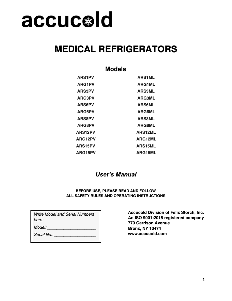 Page 1 de la notice Manuel utilisateur Accucold ARS3PV