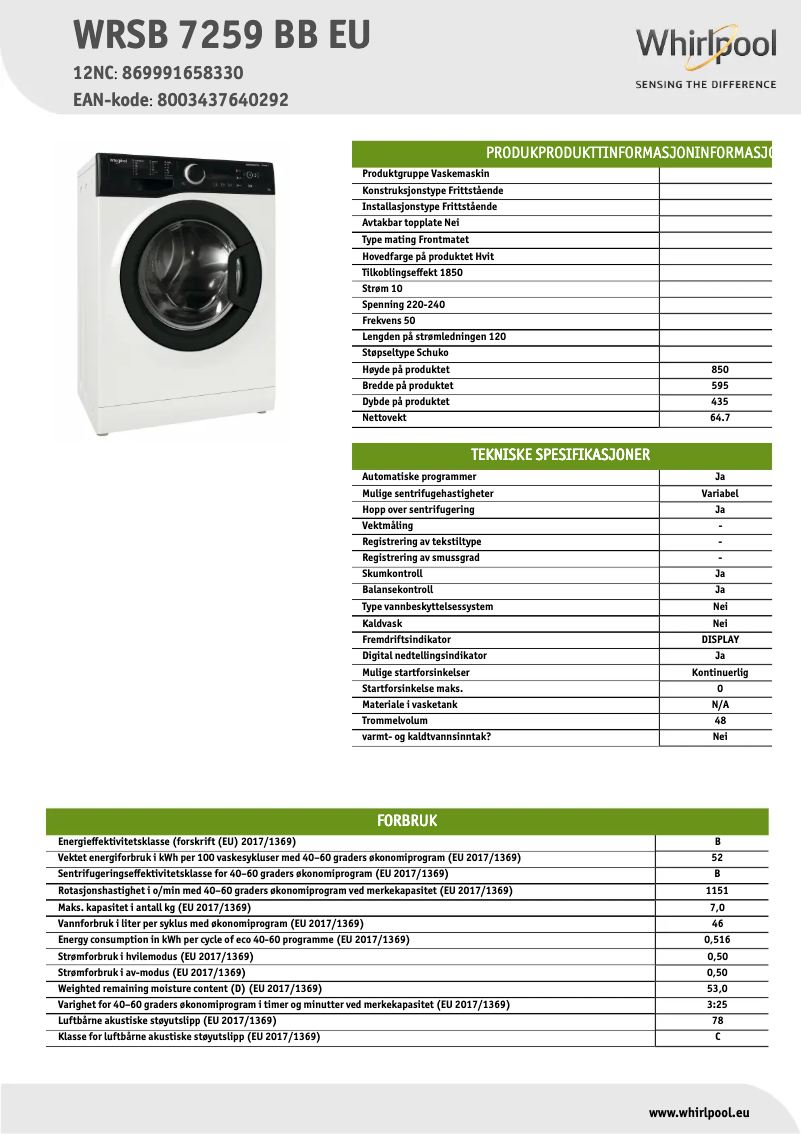 Página 1 del manual Ficha técnica Whirlpool WRSB 7259 BB