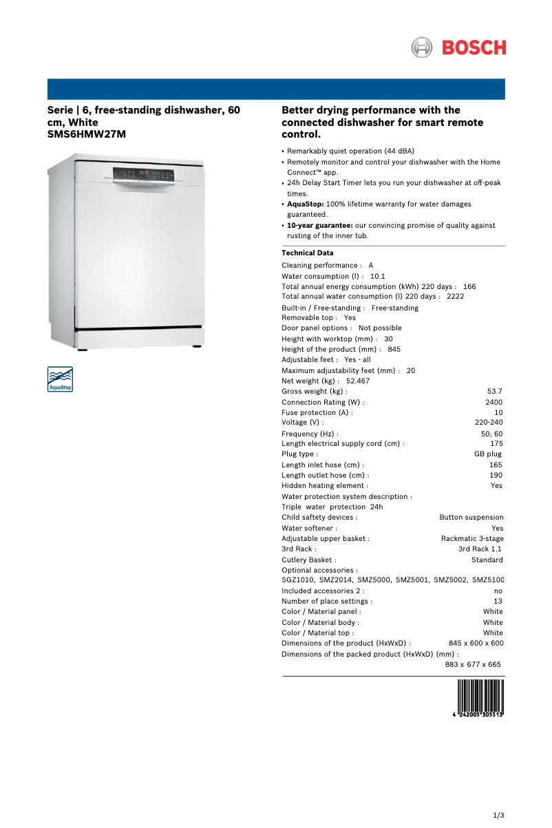 Page 1 of the manual Technical Sheet Bosch SMS6HMW27M