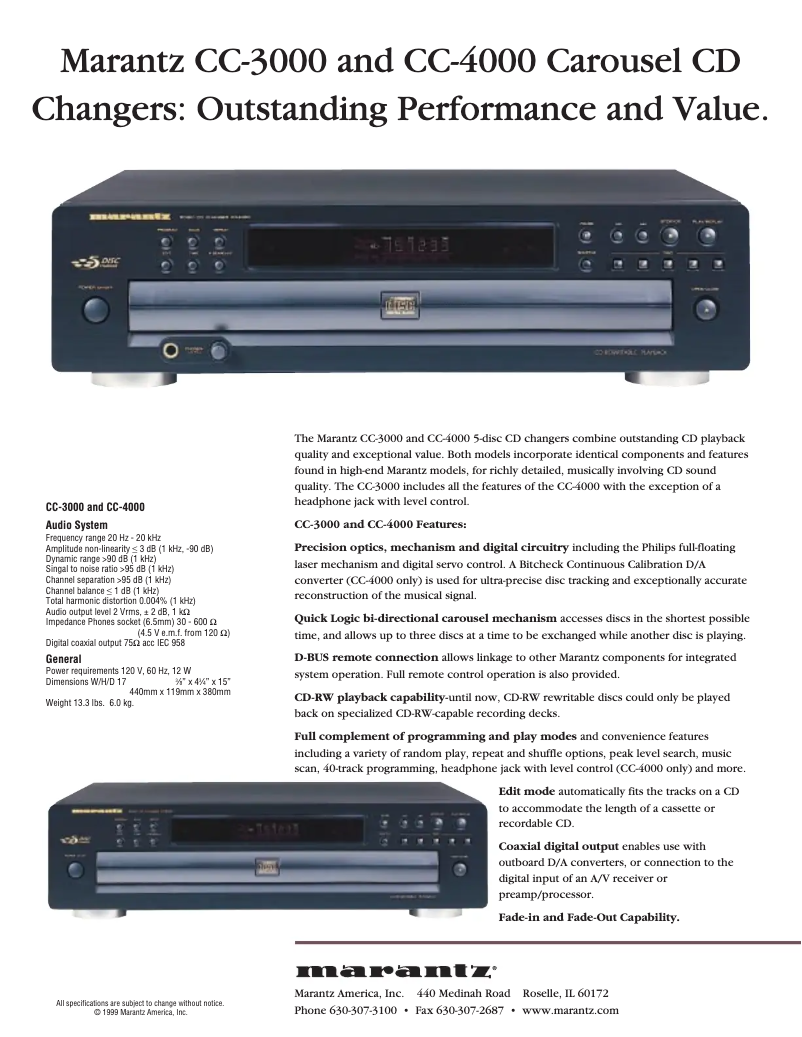 Page 1 de la notice Fiche technique Marantz CC3000