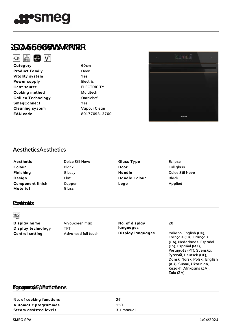 Page 1 de la notice Fiche technique Smeg SOA6606WAPNR