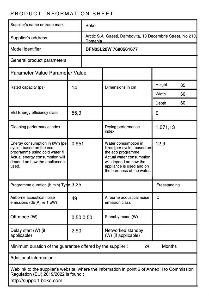 Page 1 de la notice Manuel utilisateur Beko DFN 05L20 W