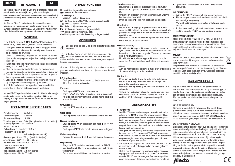 Page 1 de la notice Manuel utilisateur Alecto FR-27