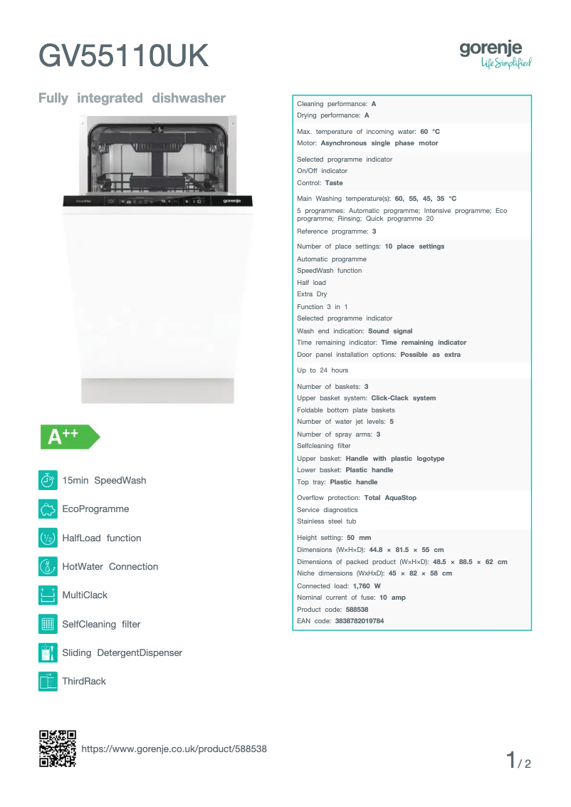 Page 1 de la notice Fiche technique Gorenje GV55110UK