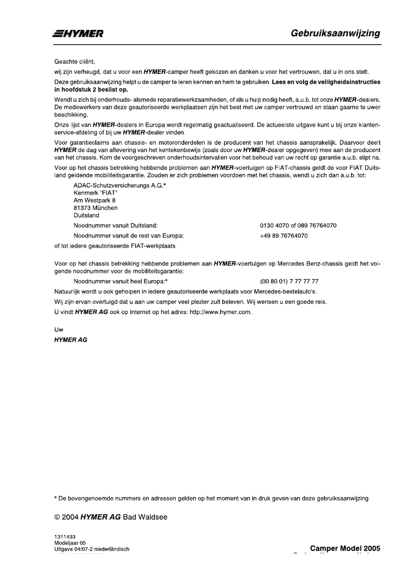 Page 1 de la notice Manuel utilisateur Hymer B514 (2005)