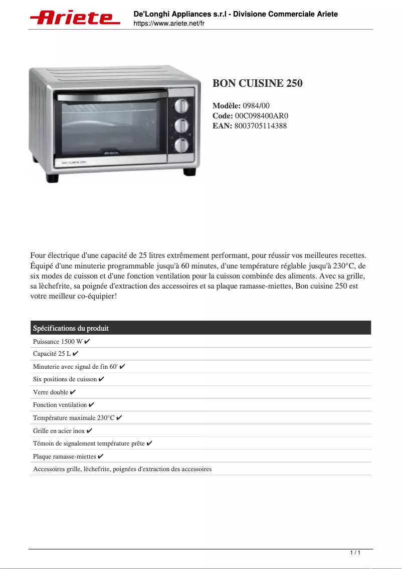 Page 1 of the manual Technical Sheet Ariete Bon Cuisine 250