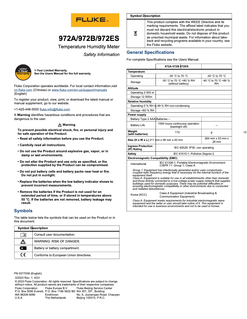 Page 1 de la notice Instructions de sécurité Fluke 972B