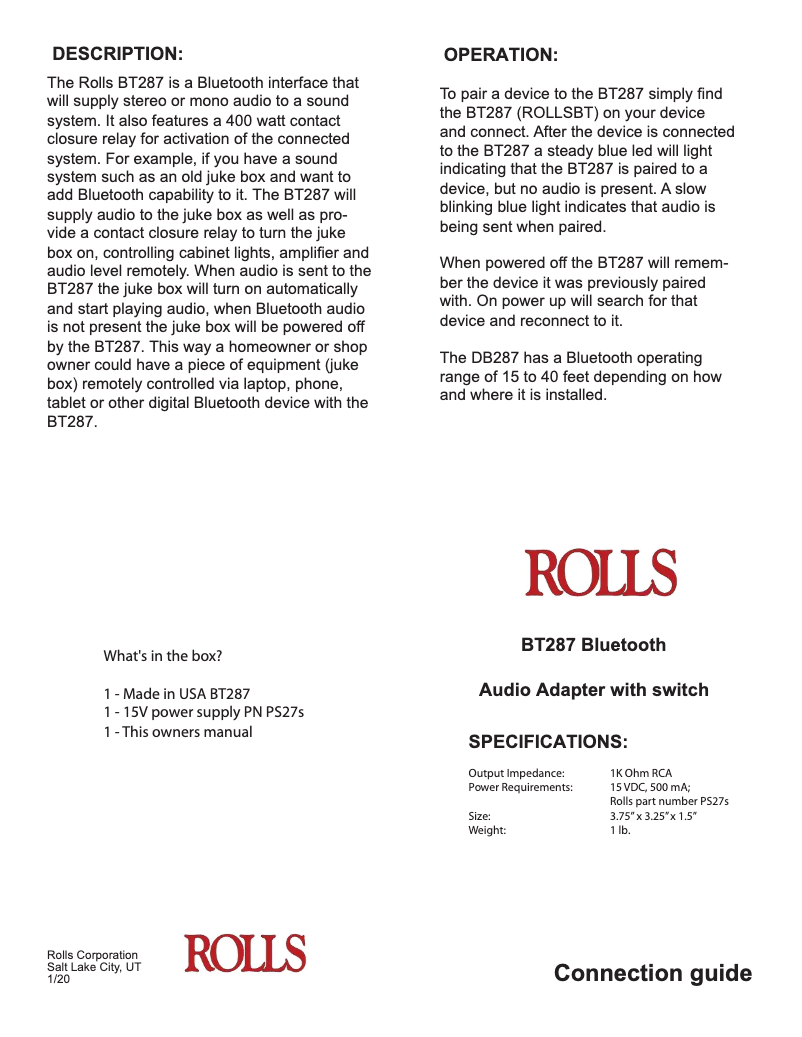 Page 1 de la notice Manuel utilisateur Rolls BT287