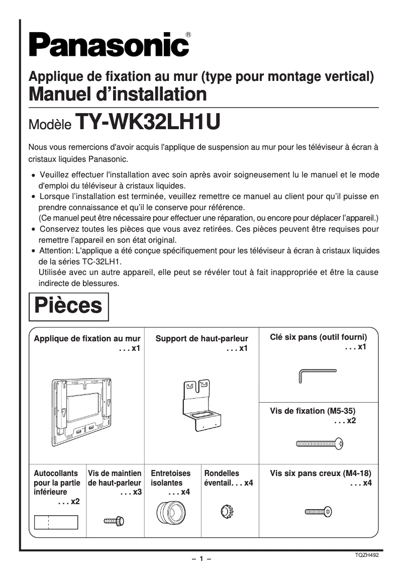 Page 1 de la notice Manuel utilisateur Panasonic TY-WK32LH1U