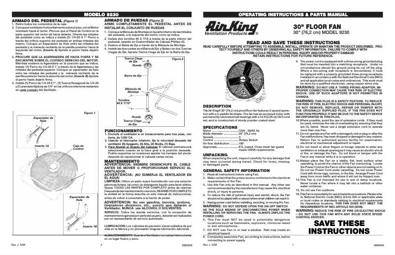 Page 1 de la notice Manuel utilisateur Air King 9230
