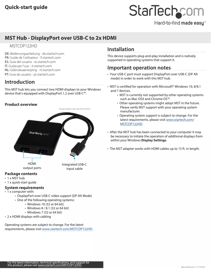 Page n°1 - Manuel utilisateur StarTech.com MSTCDP122HD