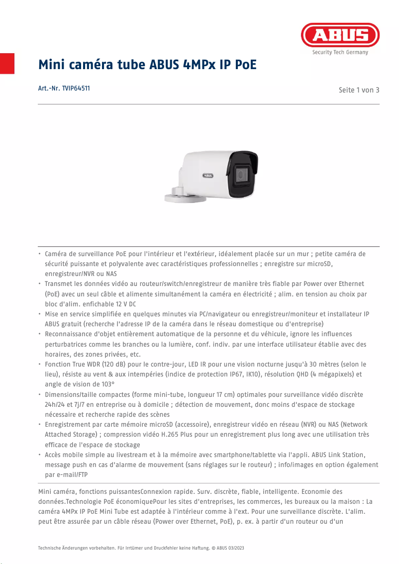 Page n°1 - Fiche technique Abus TVIP64511