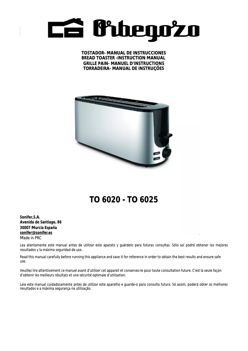 Page 1 de la notice Manuel utilisateur Orbegozo TO 6020